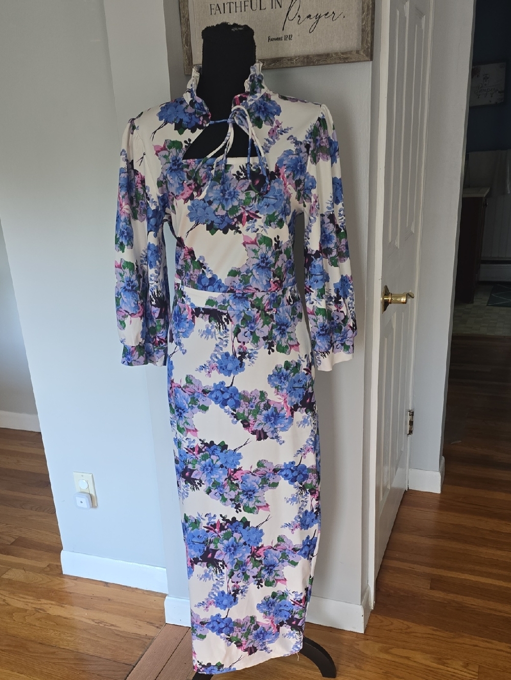 Floral Blue & White Maxi Dress with Ruffle Neck